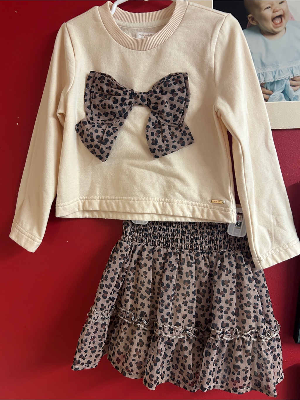 Tahari Cream Top With Skort Leopard-Print Bow Accent Size 5t